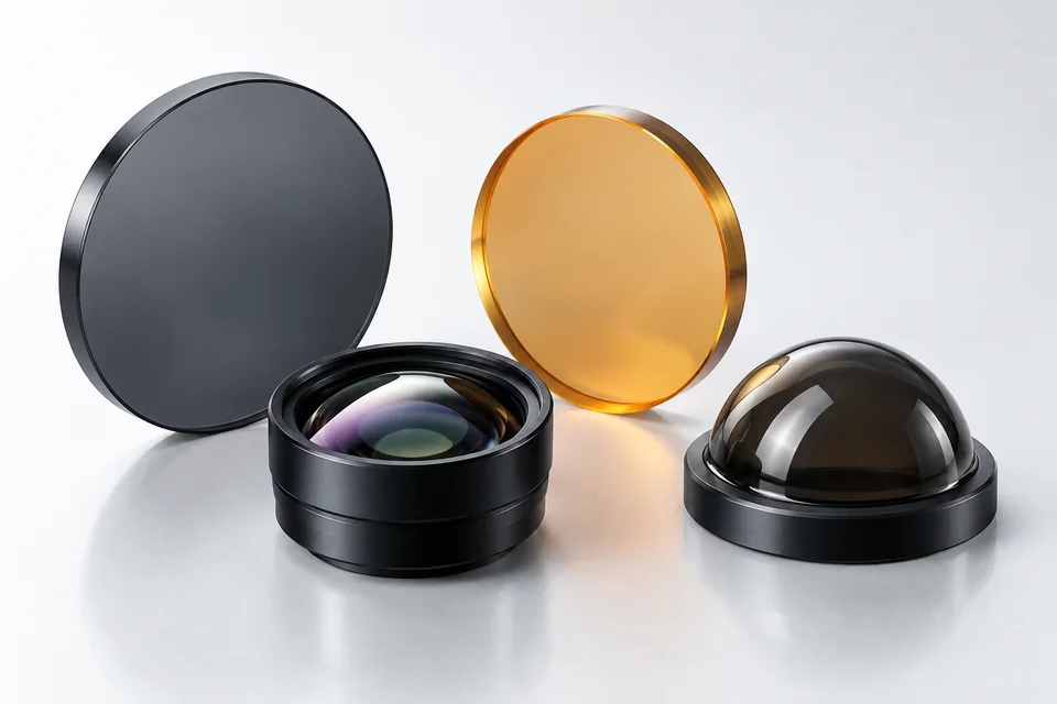 Infrared windows, lens and dome forms in an illustrative studio composition
