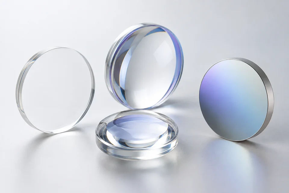 Laser window, lens and mirror forms in an illustrative studio composition