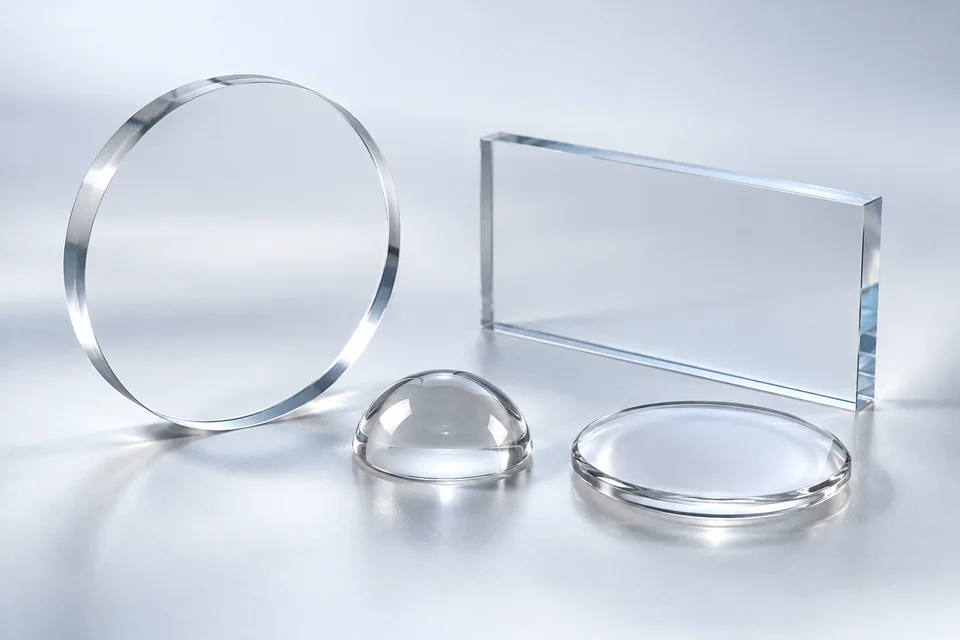 Sapphire optical windows, protective components and dome forms in an illustrative studio composition