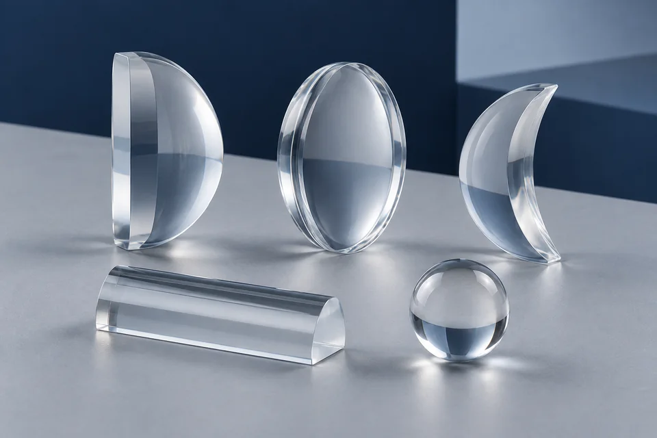 Illustrative group of common optical lens geometries on a clean studio surface