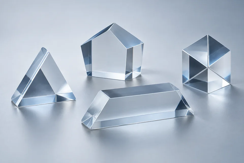 Illustrative group of equilateral, pentaprism, Dove and corner-cube prism forms