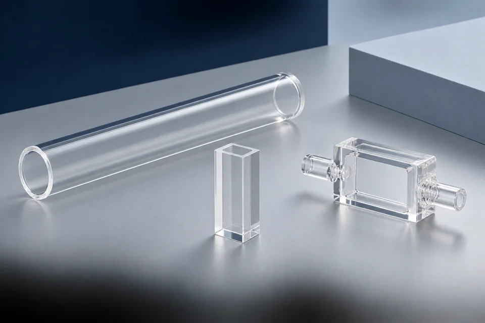 Illustrative quartz sleeve, cuvette and flow-cell configurations