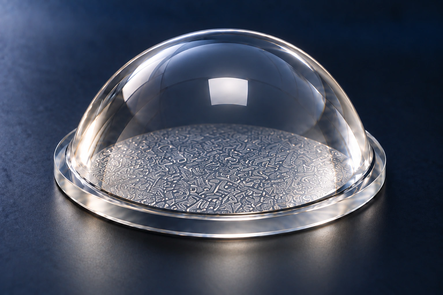 Close view of patterned bottom optical surface and polished glass flange