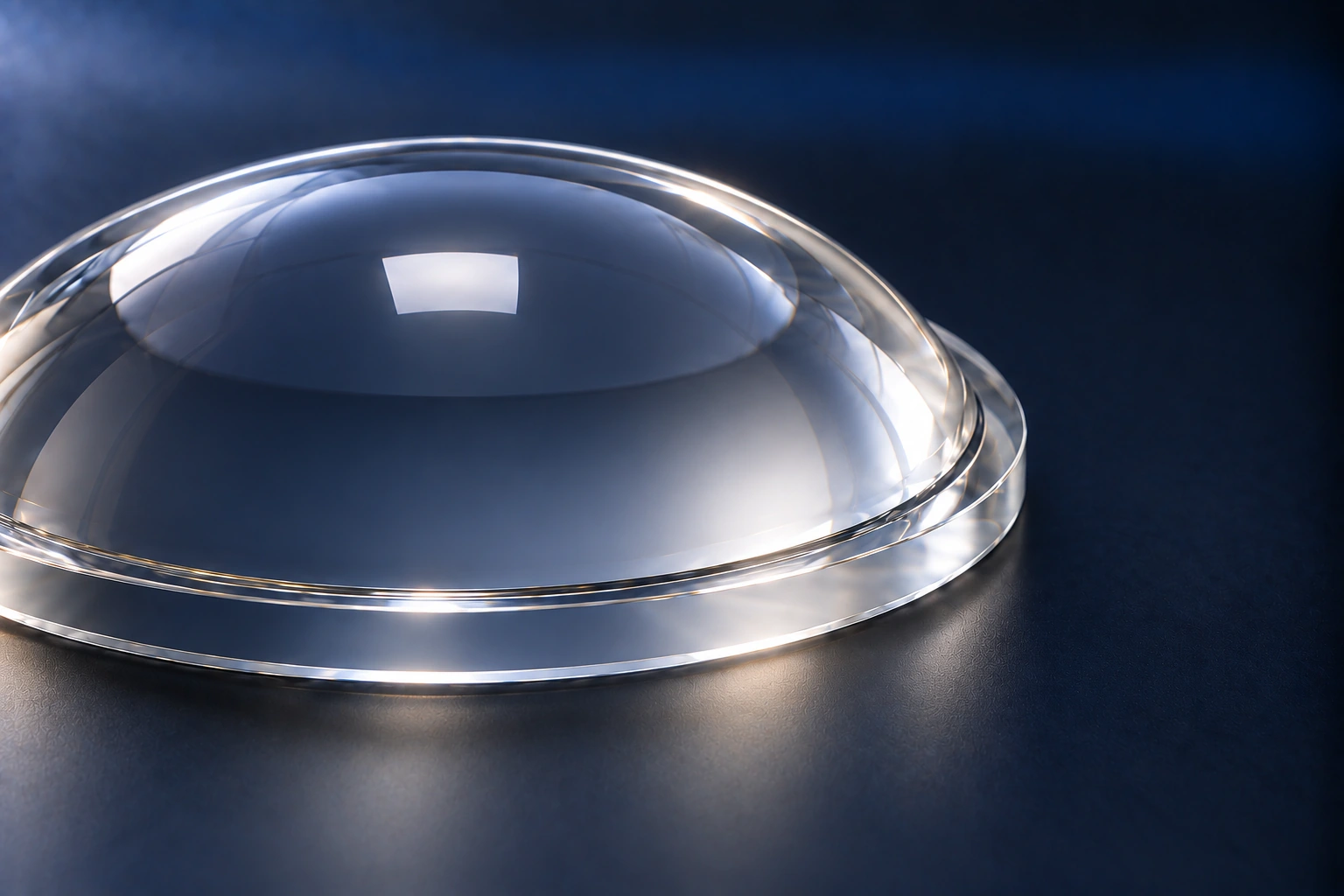 Close view of a concentric glass flange and convex-surface transition