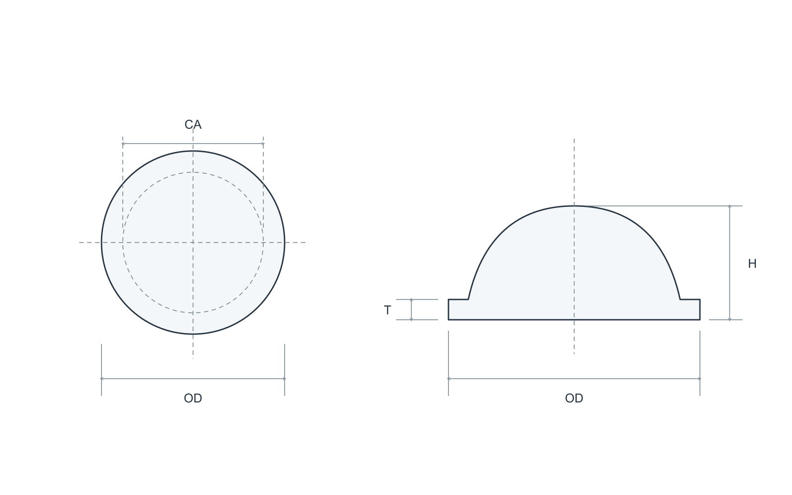 Generic plan and section views of a flanged lens with OD, CA, H and T references